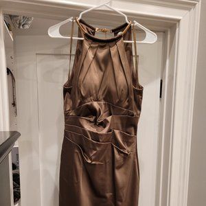 Bronze cocktail dress with gold neck detail